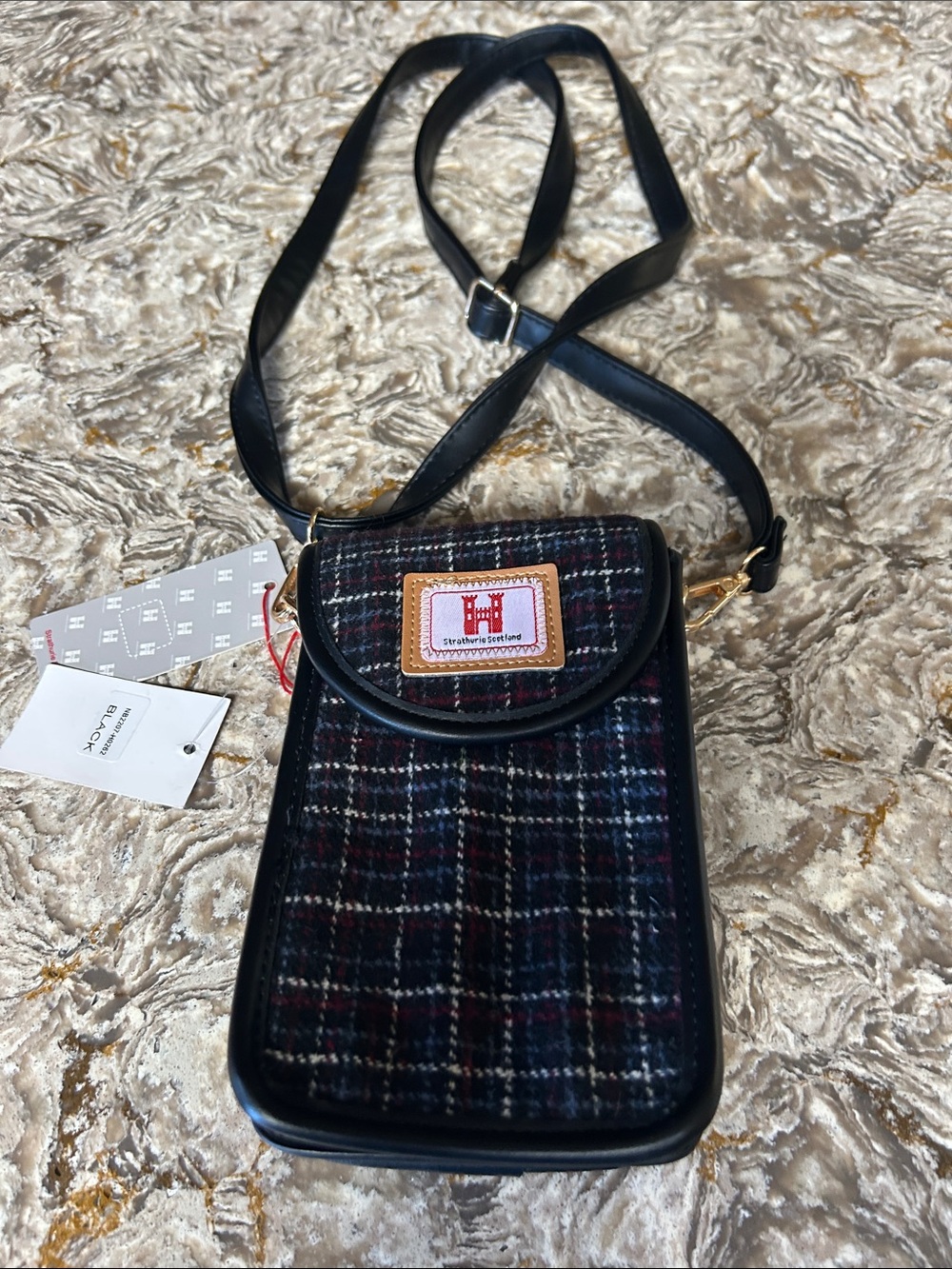 Harris Tweed Black Plaid Crossbody Bag with Leather Trim